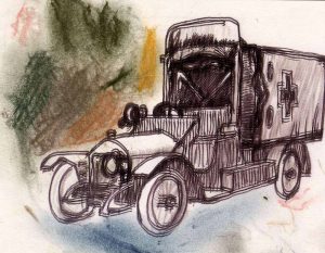 Sketch of May's ambulance in WW1 for The Last Post by BK Duncan