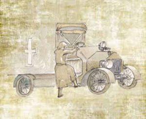 Sketch of May & her ambulance in WW1 for The Last Post by BK Duncan