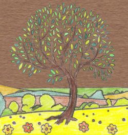 Oak tree on brown. Pastel by Ruth Wade