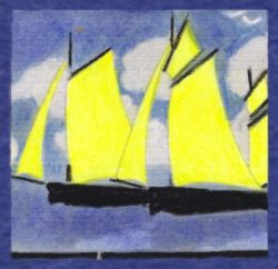 Yellow sailing boasts on blue. Pastel by Ruth Wade