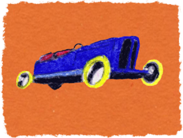 Blue racing car on orange. Pastel by Ruth Wade