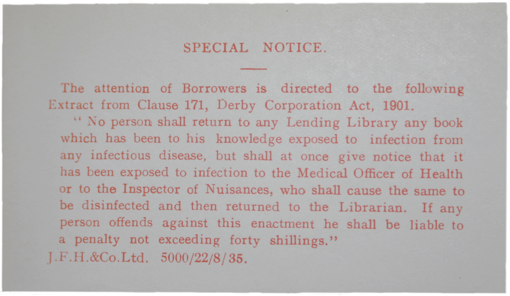 Infectious disease warning notice in library book. Ruth Wade 