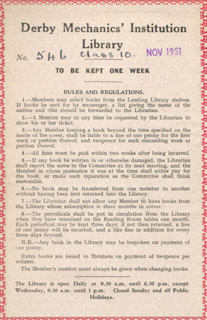Library borrowing rules from 1951 notice inside book