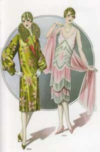 1920's fashion. Ruth Wade. Two flappers, evening coat and dress