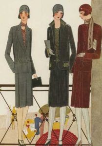 1920's fashion. Ruth Wade. Black and rust and grey dresses on promenade