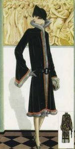 1920's fashion. Ruth Wade. Black and fur coat against deco frieze