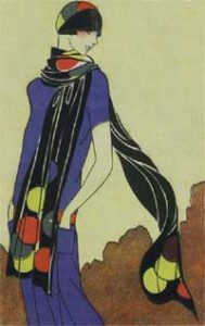 1920's fashion. Ruth Wade. Blue Dress Clarice Cliff scarf