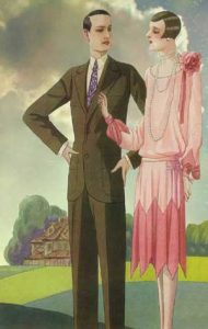 1920's fashion. Ruth Wade. Couple in front of stately home