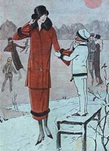 1920's fashion. Ruth Wade. Red winter coat in snow