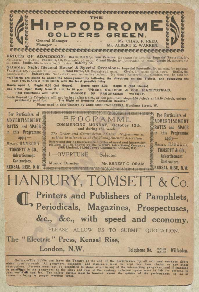 Hippodrome Golders Green 1914 theatre programme page 1 
