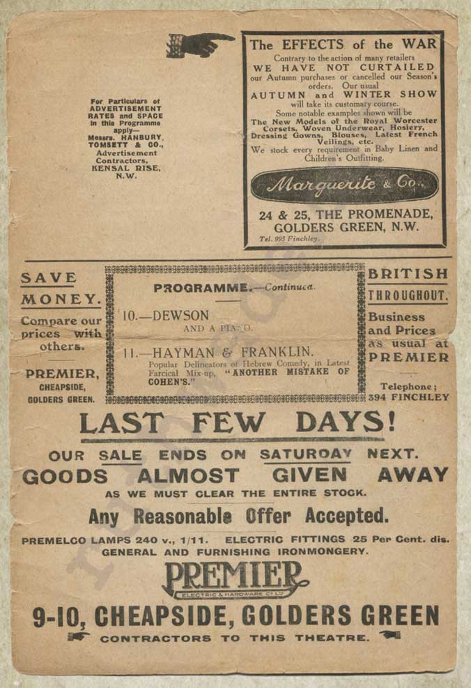 Golders Green Hippodrome variety programme 1914 page 7