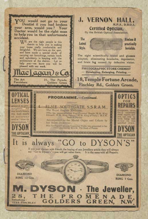Golders Green Hippodrome variety programme 1914 page 3