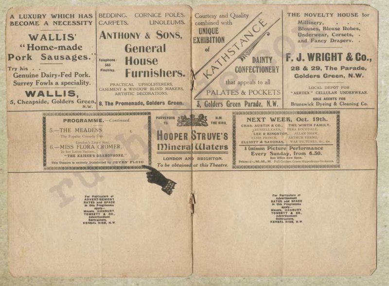 Golders Green Hippodrome variety programme 1914 pages 4 & 5